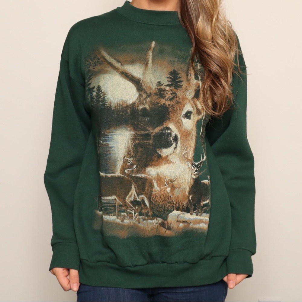 Vintage Comfy Green Deer Graphic Pullover Sweatshirt - Picture 3 of 5